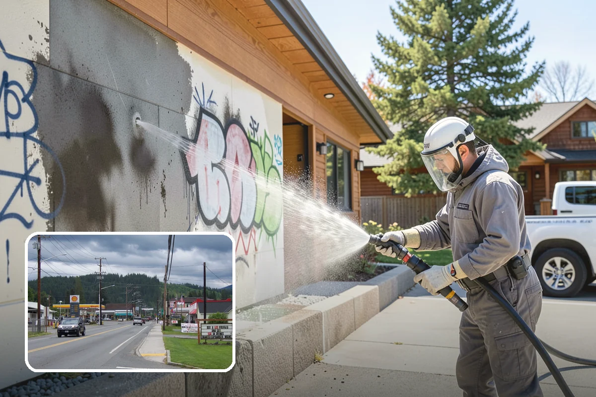 Concrete Patio Cleaning in Granite Falls, Snohomish County, WA - Erases the green algae haze from the whole slab