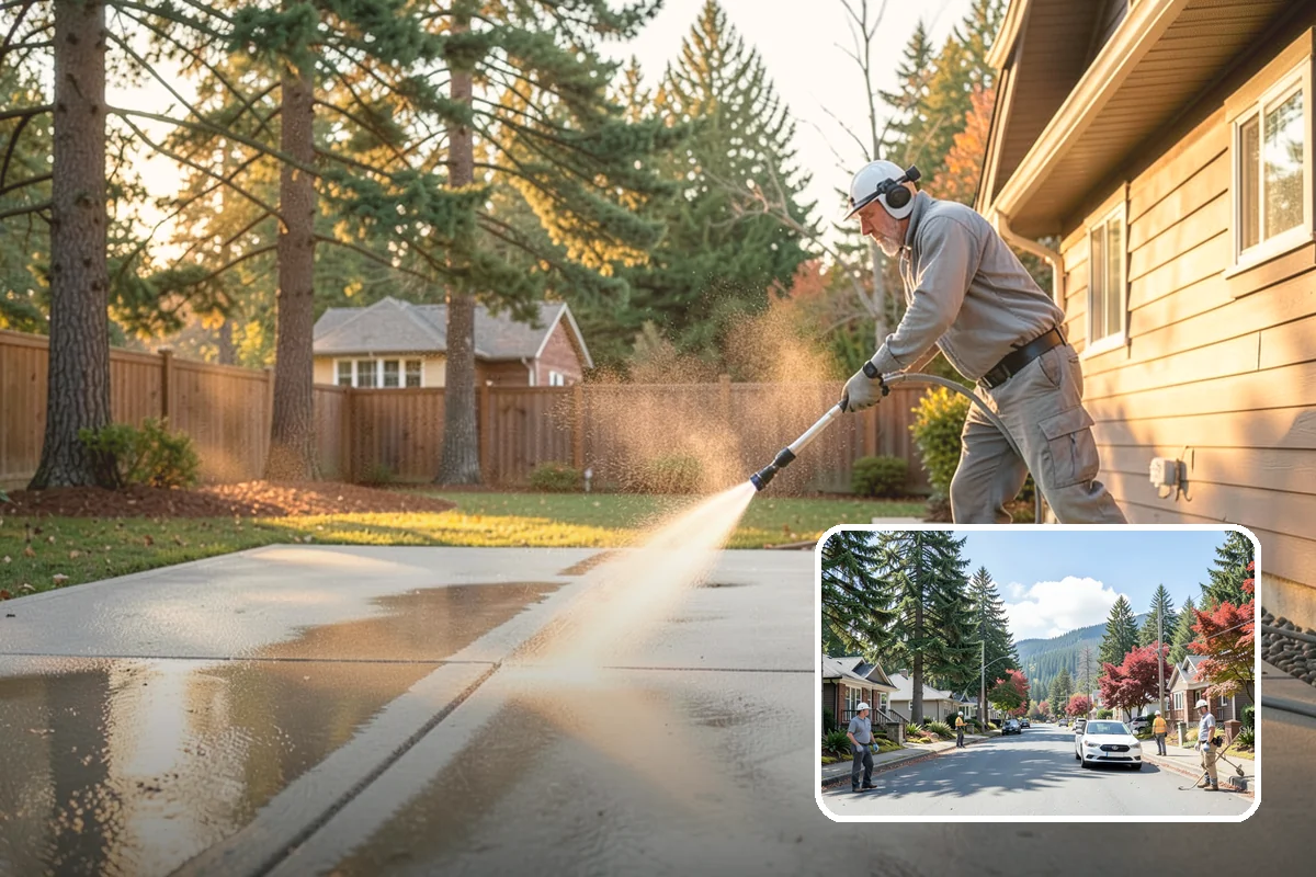 Concrete Patio Cleaning in Hunts Point, King County, WA - Erases the green algae haze from the whole slab