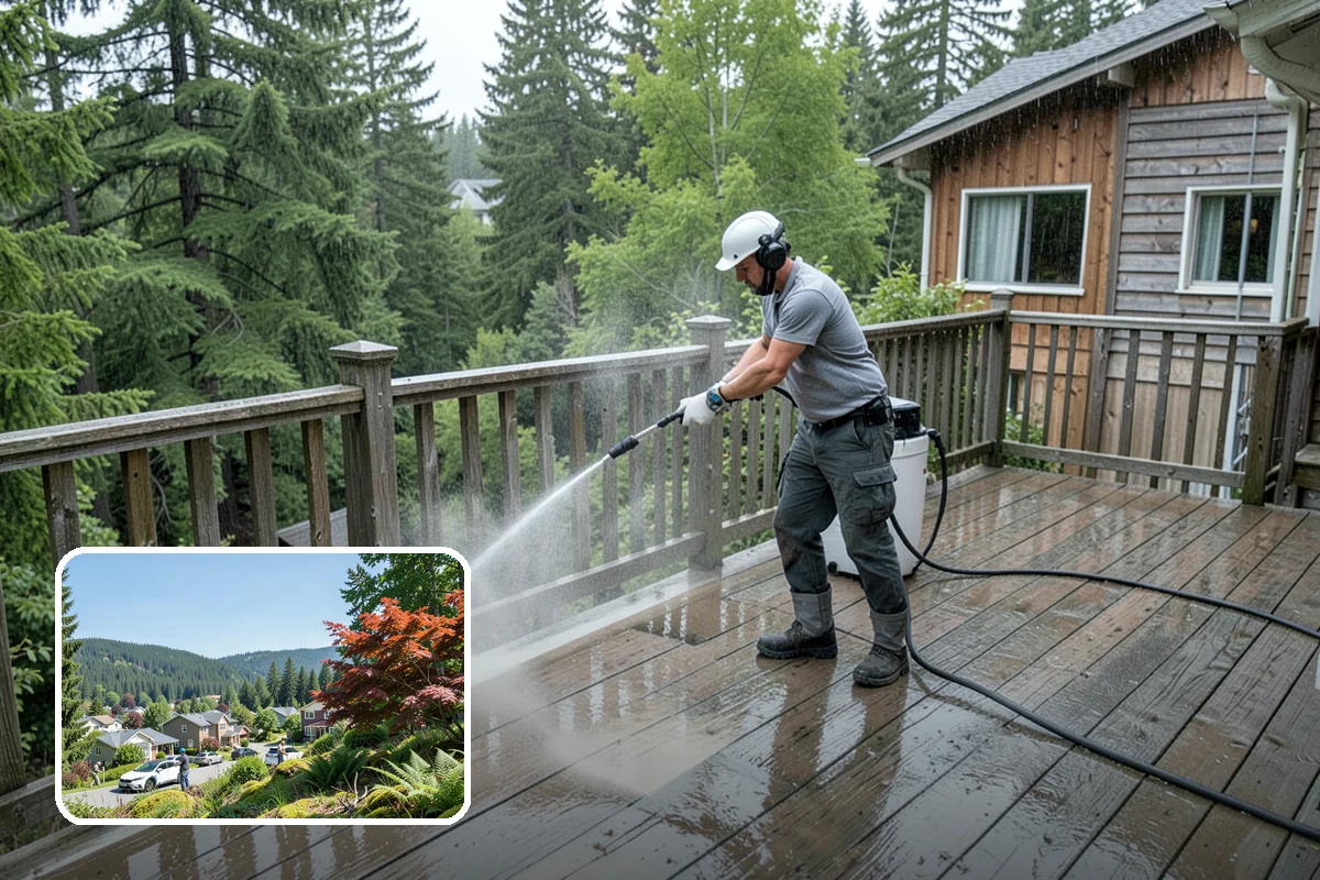 Concrete Patio Cleaning in Index, Snohomish County, WA - Erases the green algae haze from the whole slab