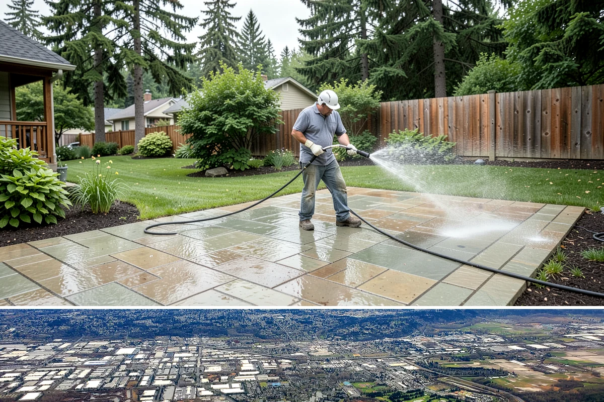 Concrete Patio Cleaning in Kent, King County, WA - Clean concrete patios in late spring so they are ready for peak Northwest patio season.