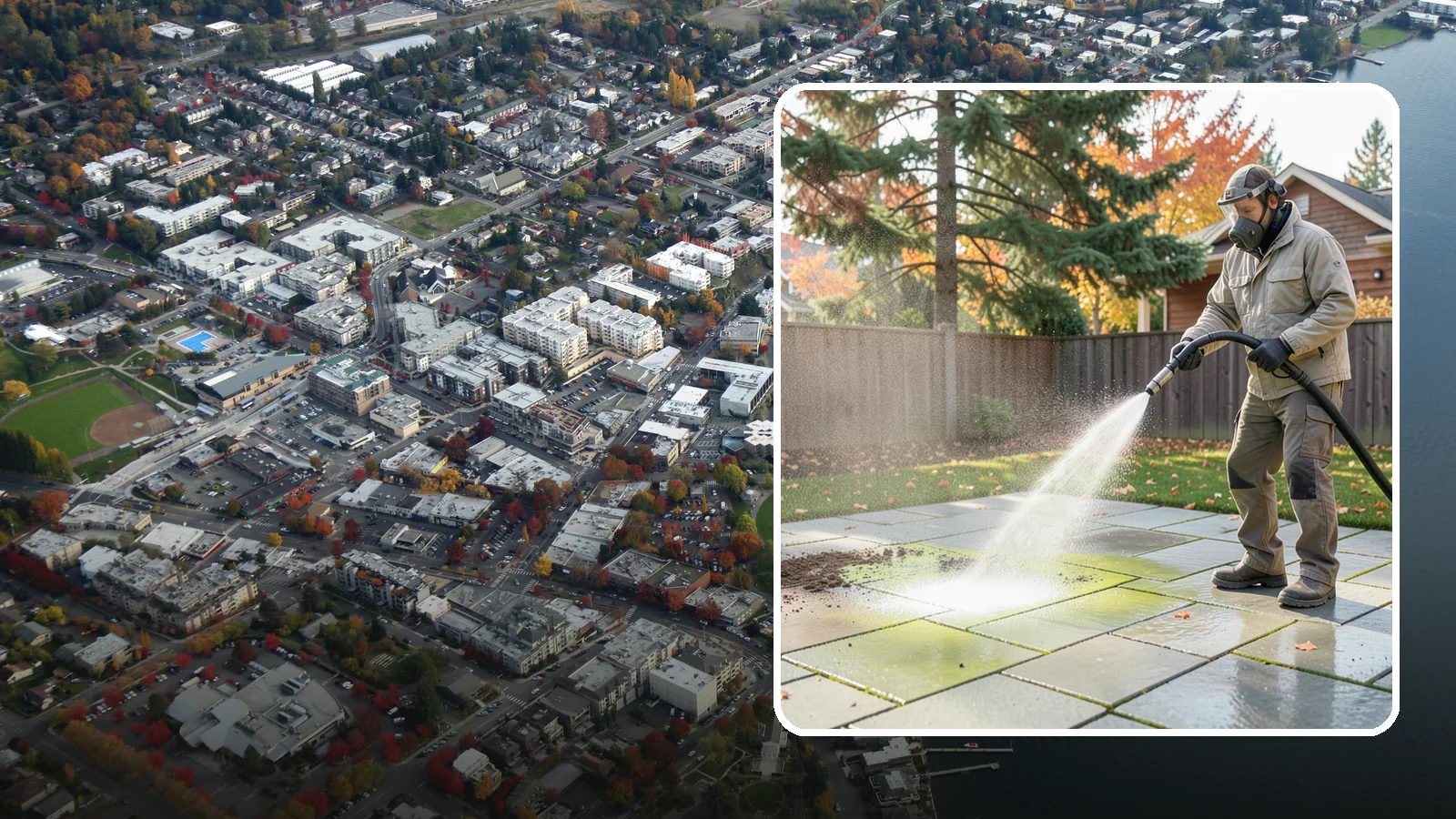 Concrete Patio Cleaning in Kirkland, King County, WA - Deep-clean concrete patios to lift the green algae haze that overcast Washington summers encourage.