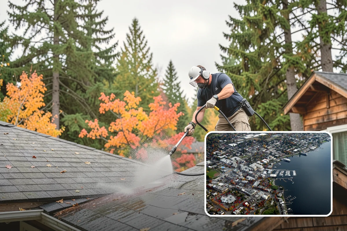 Concrete Patio Cleaning in Kirkland, King County, WA - Erases the green algae haze from the whole slab