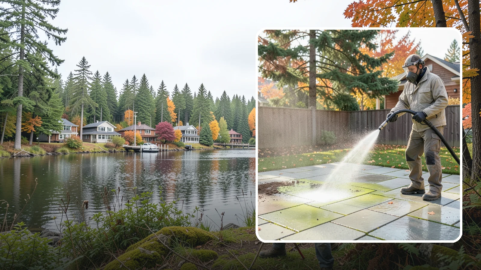 Concrete Patio Cleaning in La Conner, Skagit County, WA - Deep-clean concrete patios to lift the green algae haze that overcast Washington summers encourage.