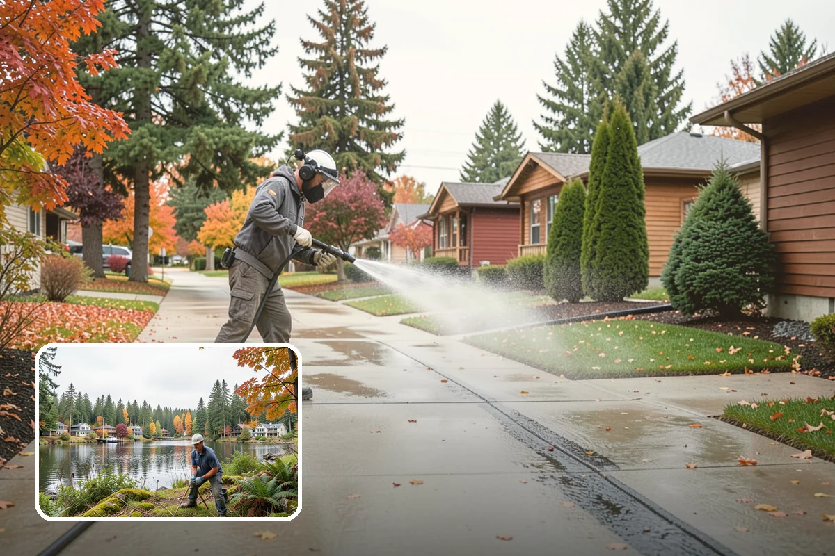 Concrete Patio Cleaning in La Conner, Skagit County, WA - Erases the green algae haze from the whole slab