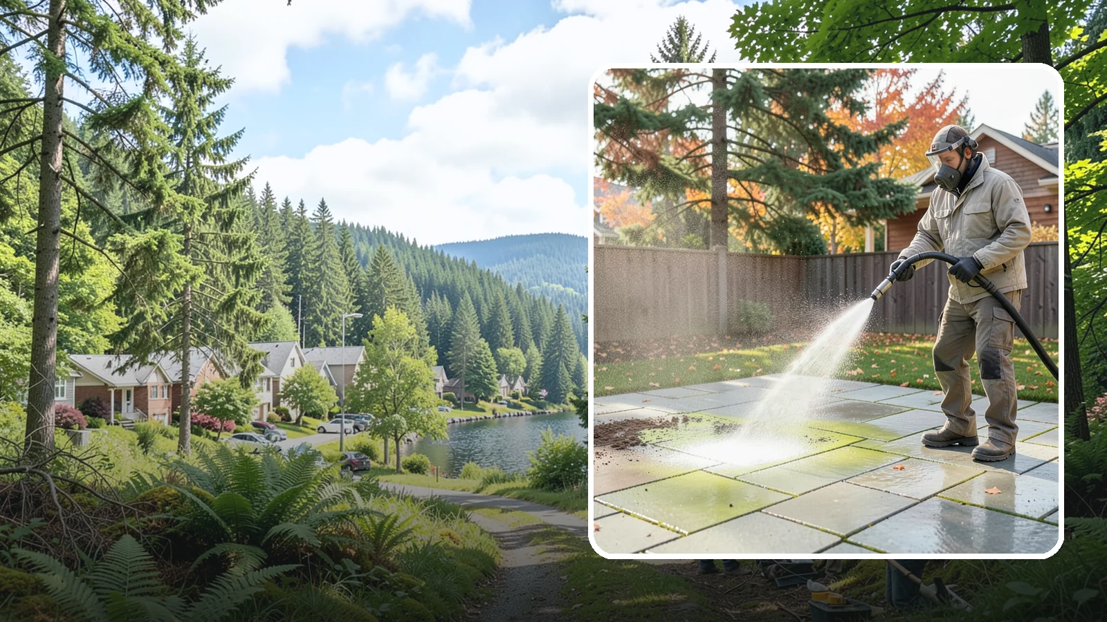 Concrete Patio Cleaning in Lake Forest Park, King County, WA - Deep-clean concrete patios to lift the green algae haze that overcast Washington summers encourage.