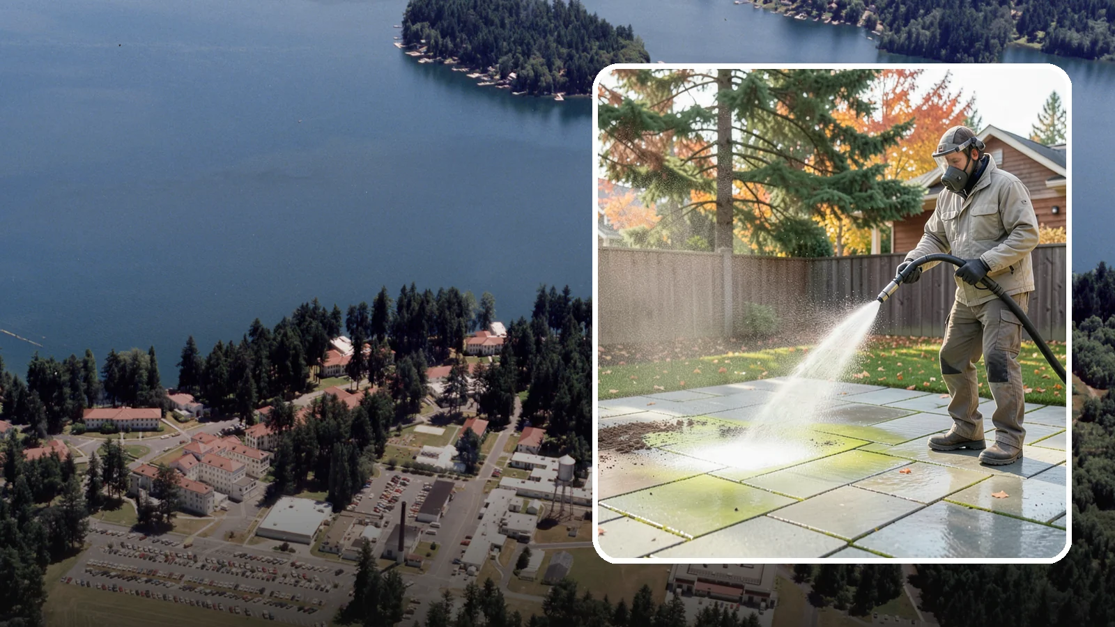 Concrete Patio Cleaning in Lakewood, Pierce County, WA - Deep-clean concrete patios to lift the green algae haze that overcast Washington summers encourage.