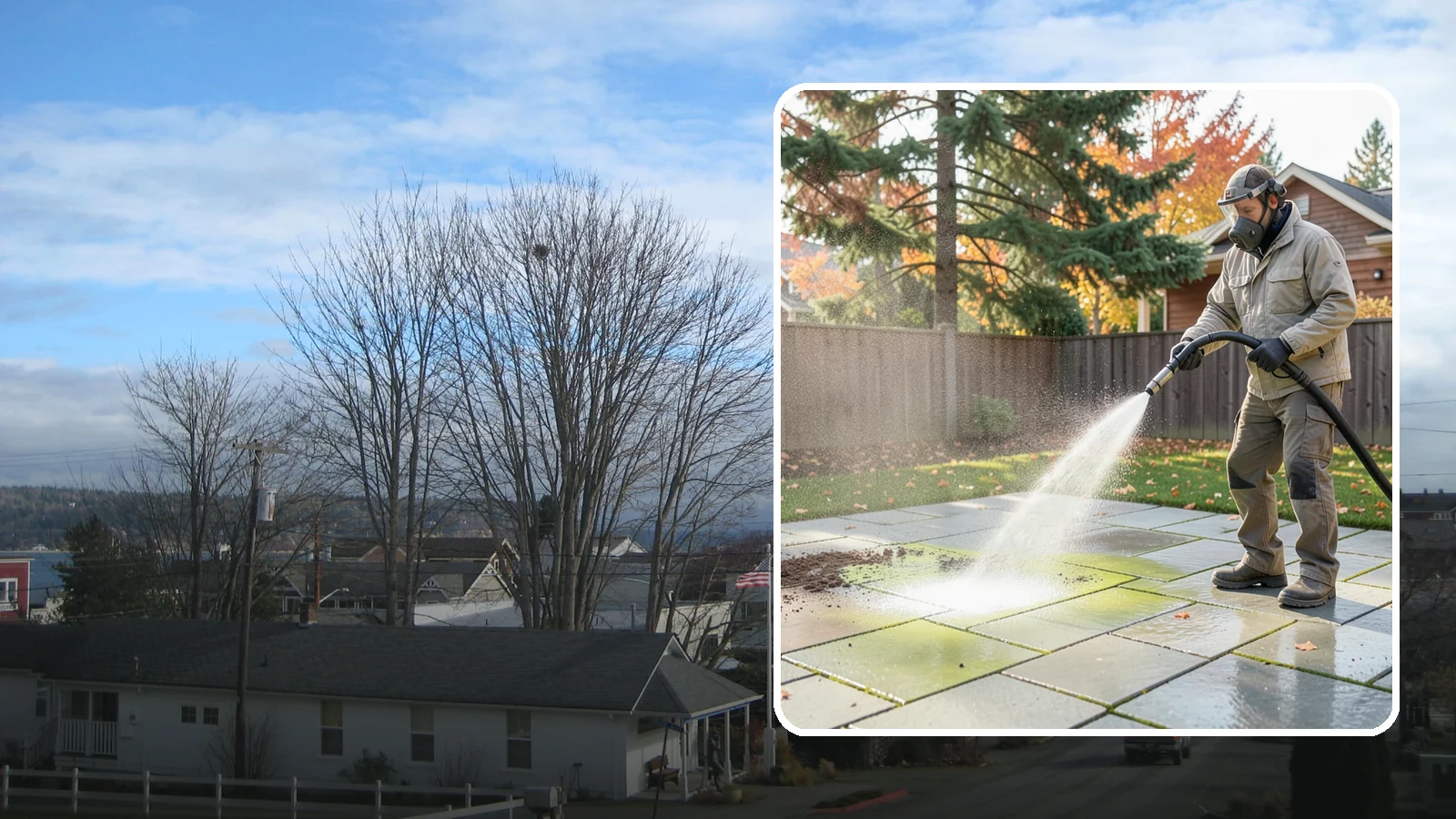 Concrete Patio Cleaning in Langley, Island County, WA - Deep-clean concrete patios to lift the green algae haze that overcast Washington summers encourage.