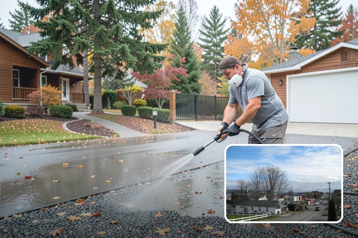 Concrete Patio Cleaning in Langley, Island County, WA - Erases the green algae haze from the whole slab