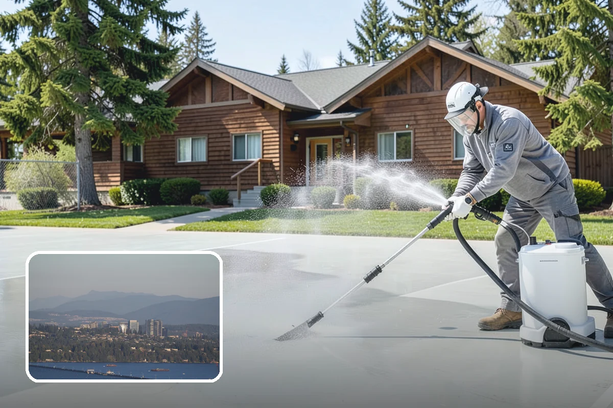 Concrete Patio Cleaning in Medina, King County, WA - Erases the green algae haze from the whole slab