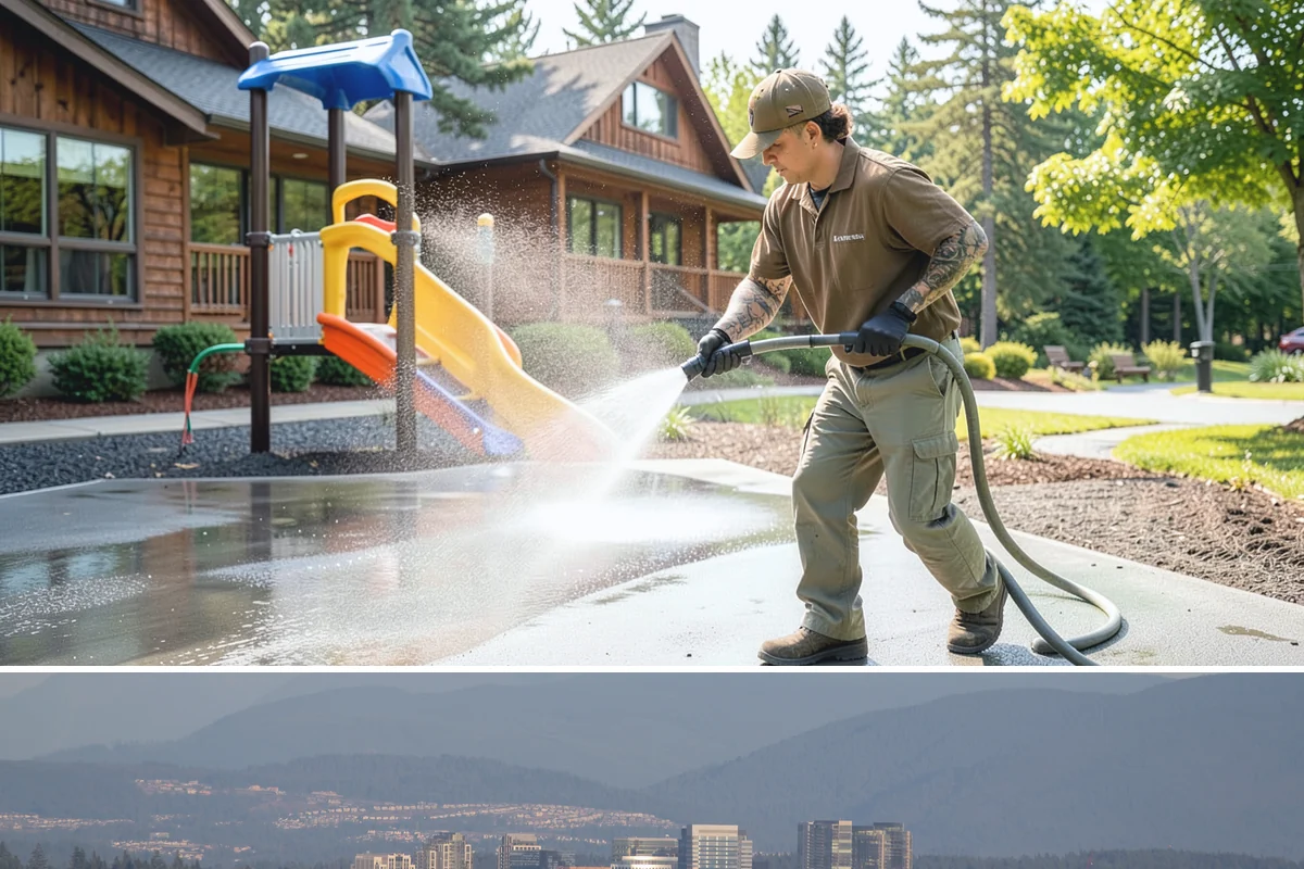 Concrete Patio Cleaning in Medina, King County, WA - Clean concrete patios in late spring so they are ready for peak Northwest patio season.