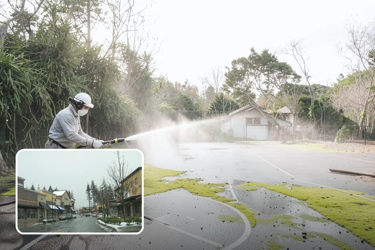 Concrete Patio Cleaning in Mill Creek, Snohomish County, WA - Erases the green algae haze from the whole slab