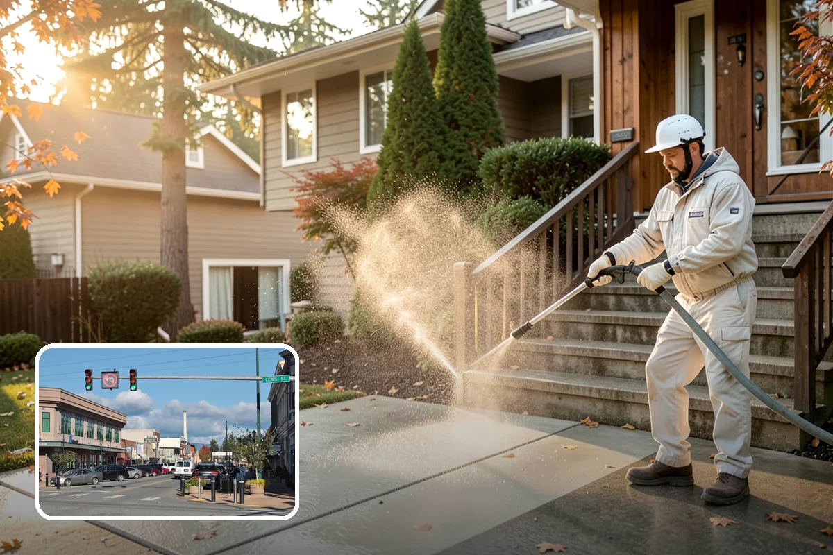 Concrete Patio Cleaning in Monroe, Snohomish County, WA - Erases the green algae haze from the whole slab