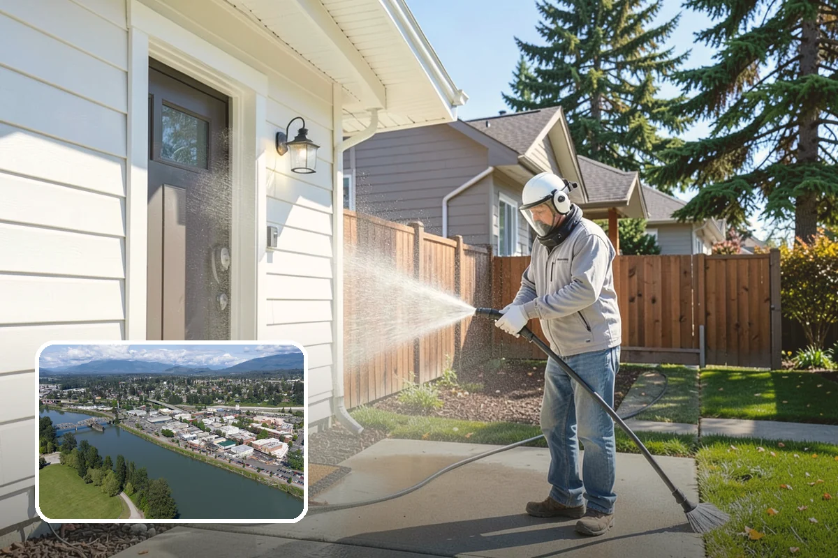 Concrete Patio Cleaning in Mount Vernon, Skagit County, WA - Erases the green algae haze from the whole slab