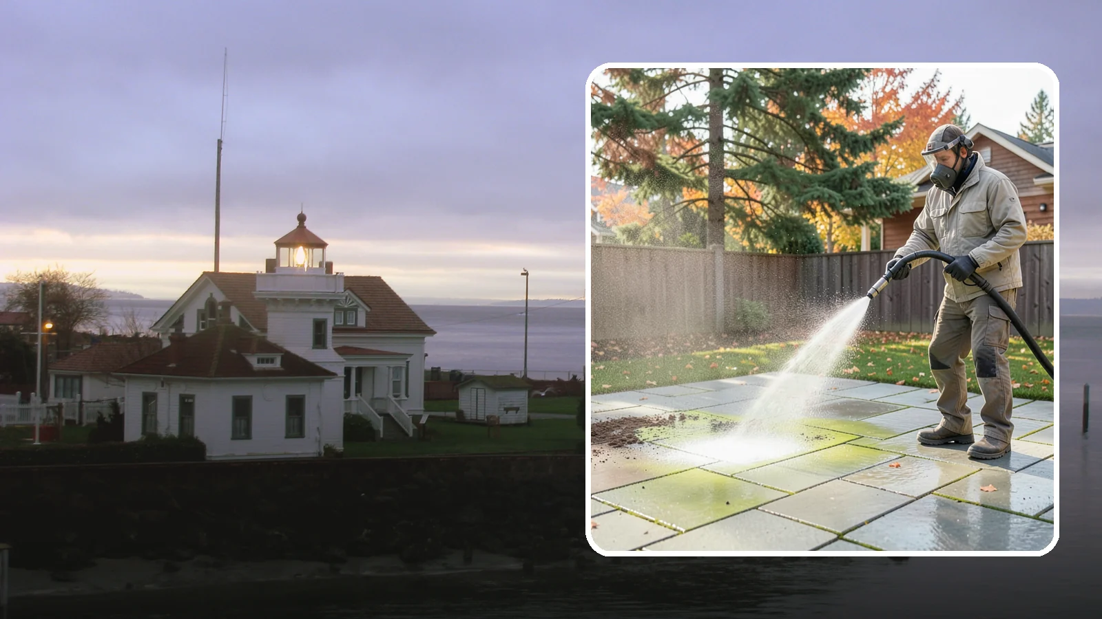 Concrete Patio Cleaning in Mukilteo, Snohomish County, WA - Deep-clean concrete patios to lift the green algae haze that overcast Washington summers encourage.