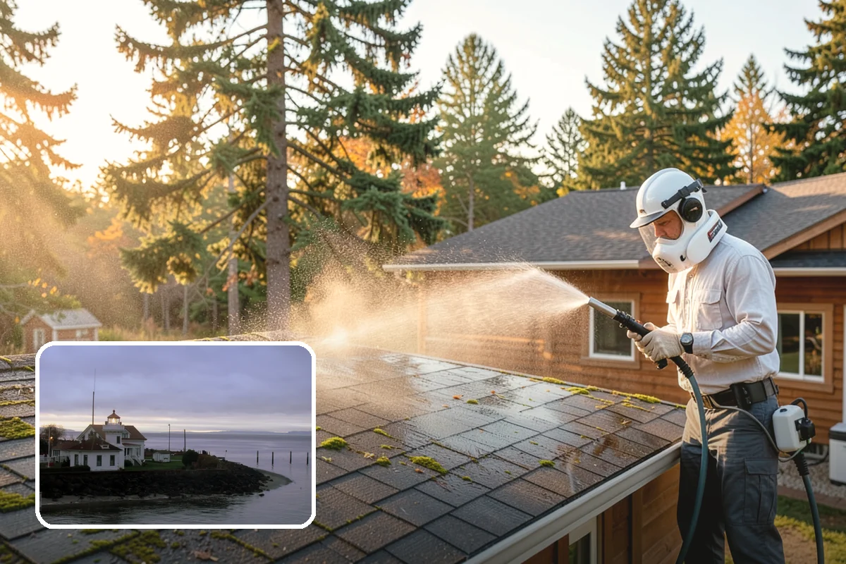 Concrete Patio Cleaning in Mukilteo, Snohomish County, WA - Erases the green algae haze from the whole slab