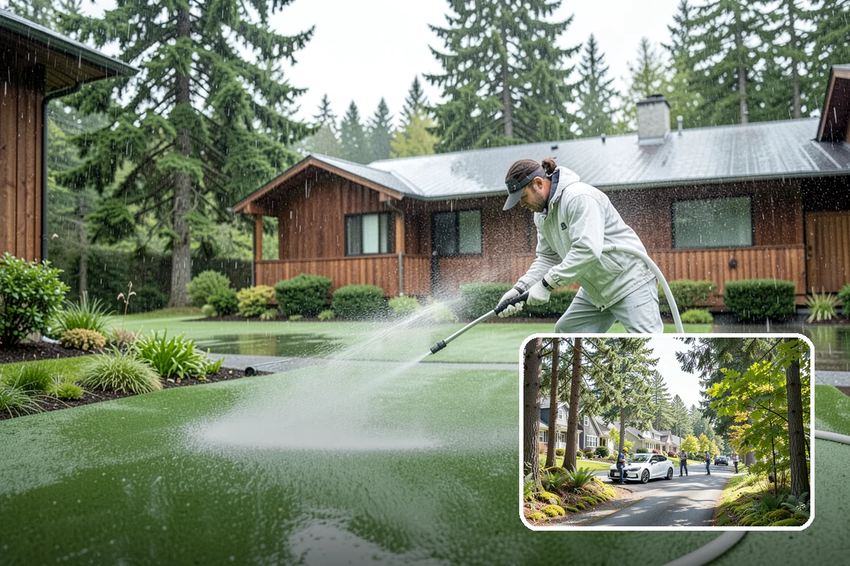 Concrete Patio Cleaning in Normandy Park, King County, WA - Erases the green algae haze from the whole slab