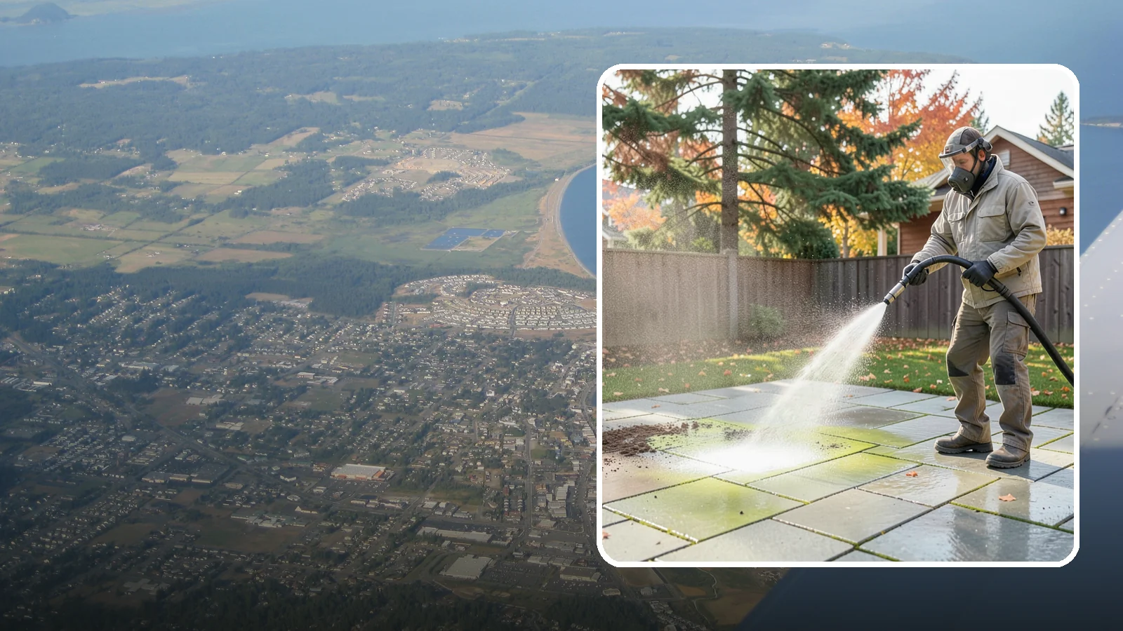 Concrete Patio Cleaning in Oak Harbor, Island County, WA - Deep-clean concrete patios to lift the green algae haze that overcast Washington summers encourage.