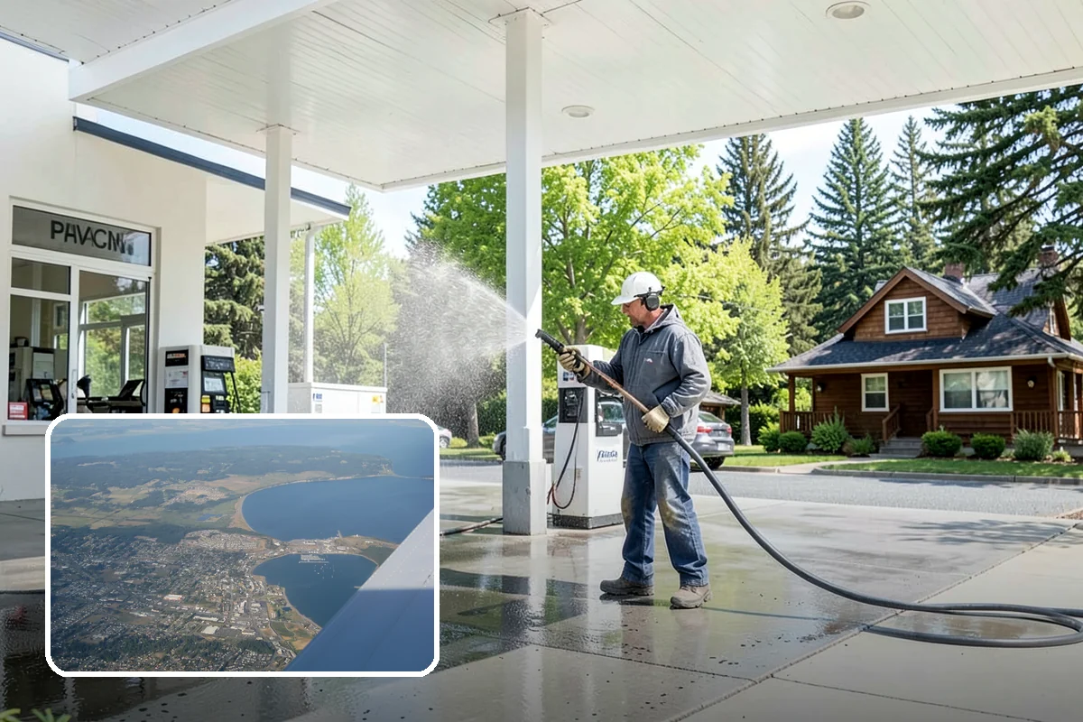 Concrete Patio Cleaning in Oak Harbor, Island County, WA - Erases the green algae haze from the whole slab