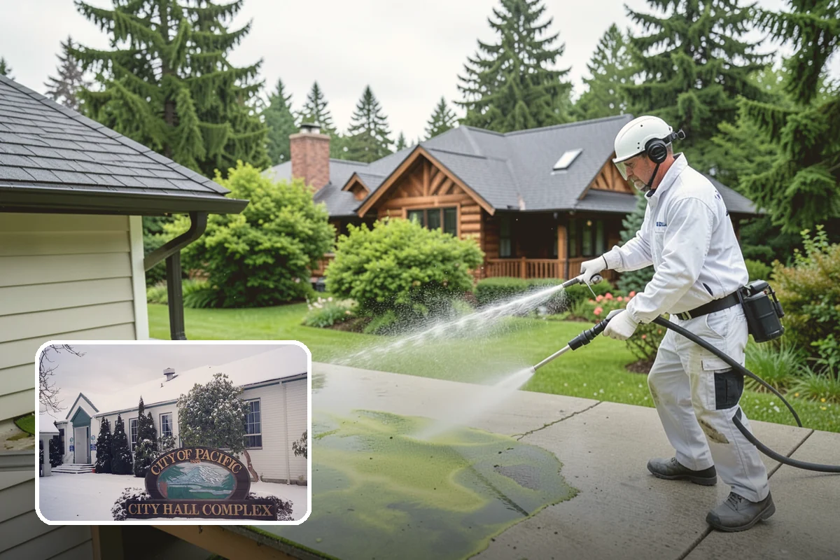 Concrete Patio Cleaning in Pacific, King County, WA - Erases the green algae haze from the whole slab