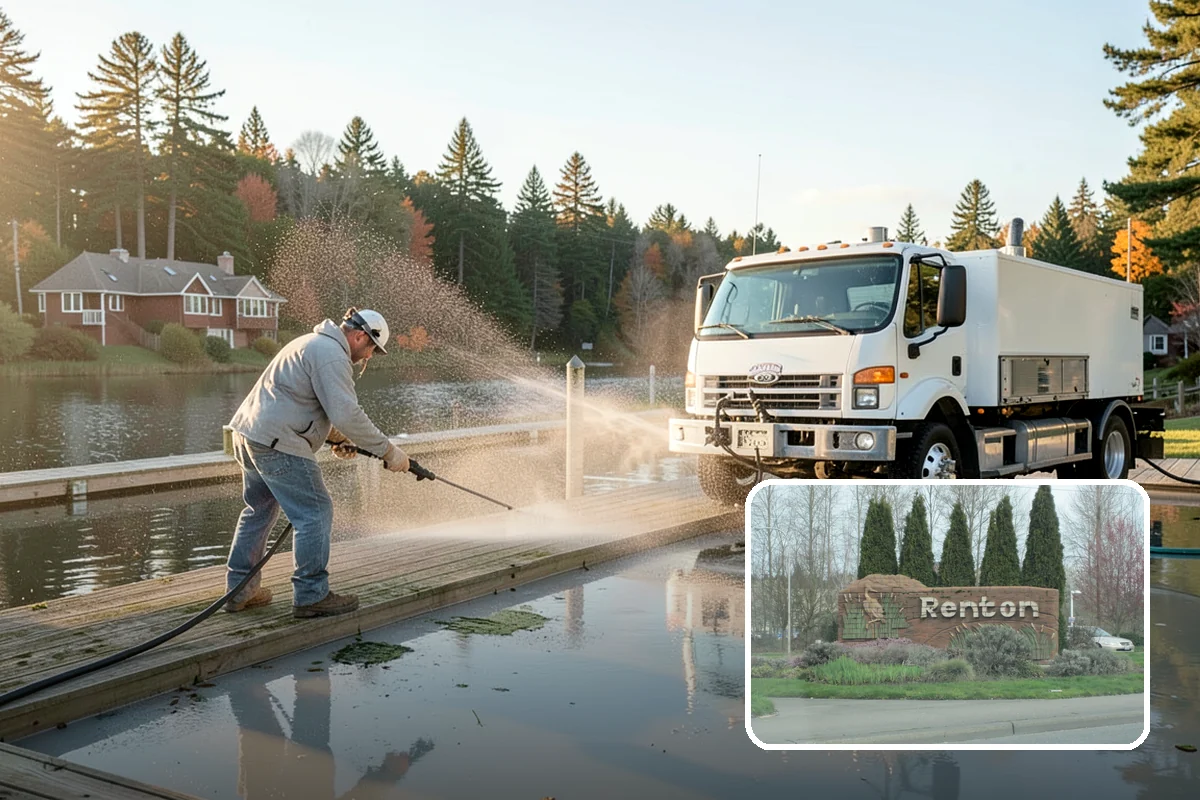 Concrete Patio Cleaning in Renton, King County, WA - Erases the green algae haze from the whole slab