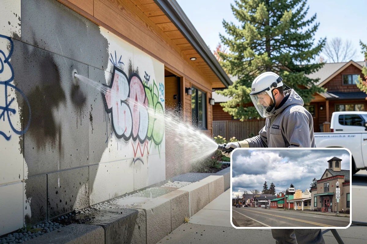 Concrete Patio Cleaning in Roy, Pierce County, WA - Erases the green algae haze from the whole slab