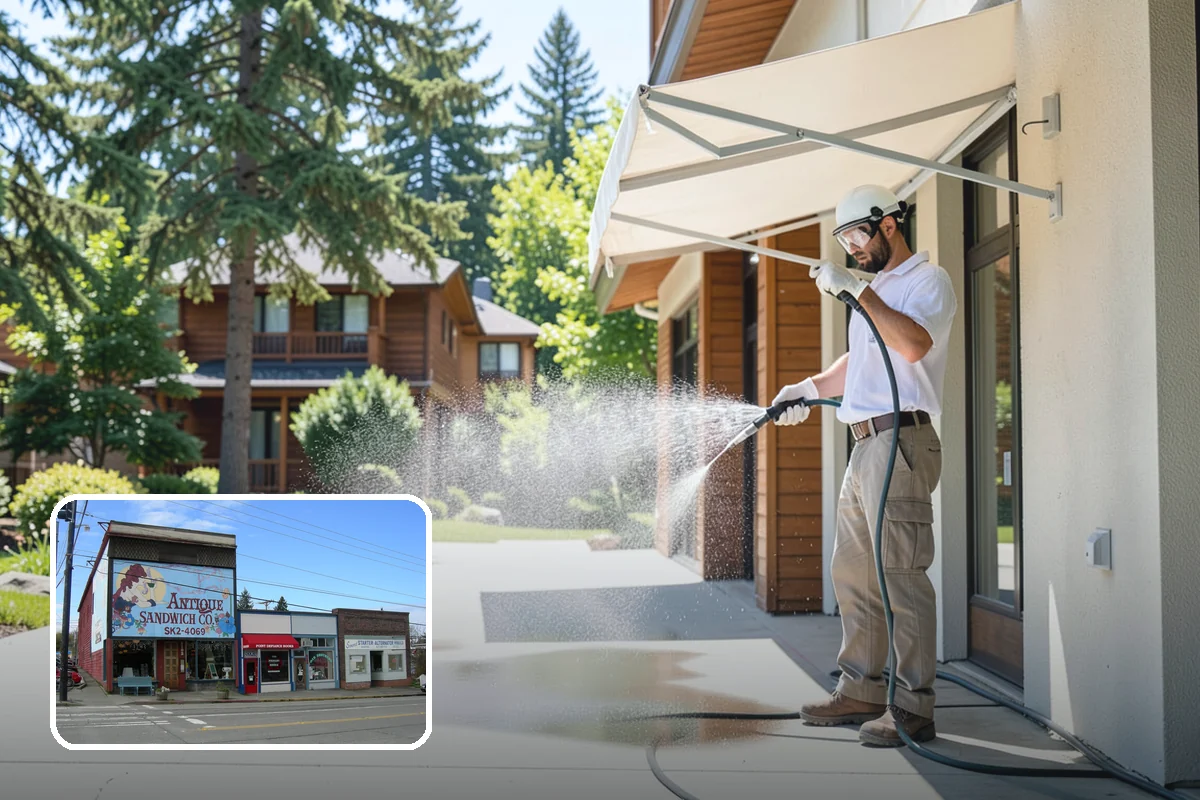 Concrete Patio Cleaning in Ruston, Pierce County, WA - Erases the green algae haze from the whole slab