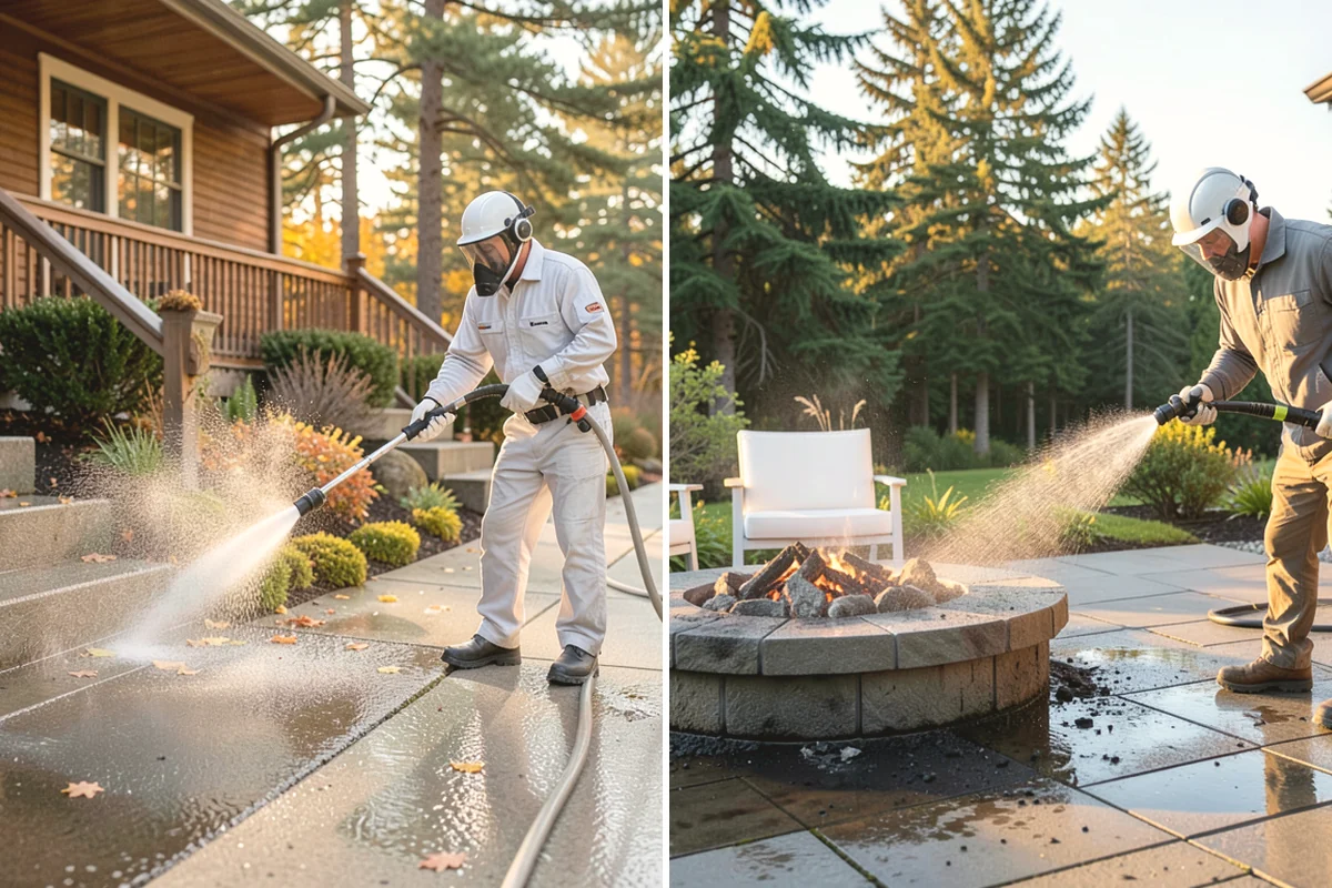Concrete Patio Cleaning in Ruston, Pierce County, WA - Move furniture and clear the slab of debris