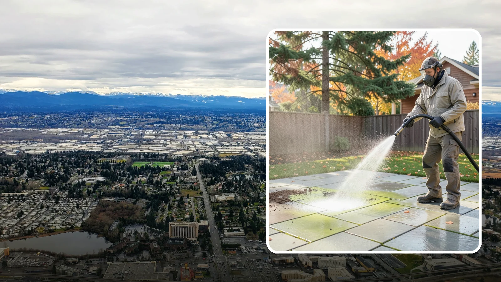 Concrete Patio Cleaning in SeaTac, King County, WA - Deep-clean concrete patios to lift the green algae haze that overcast Washington summers encourage.