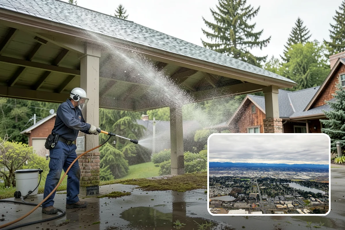 Concrete Patio Cleaning in SeaTac, King County, WA - Erases the green algae haze from the whole slab