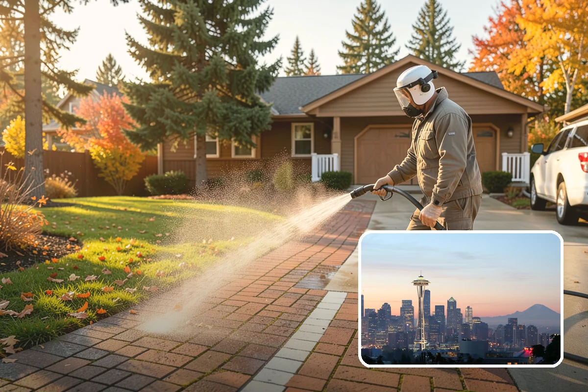 Concrete Patio Cleaning in Seattle, King County, WA - Erases the green algae haze from the whole slab