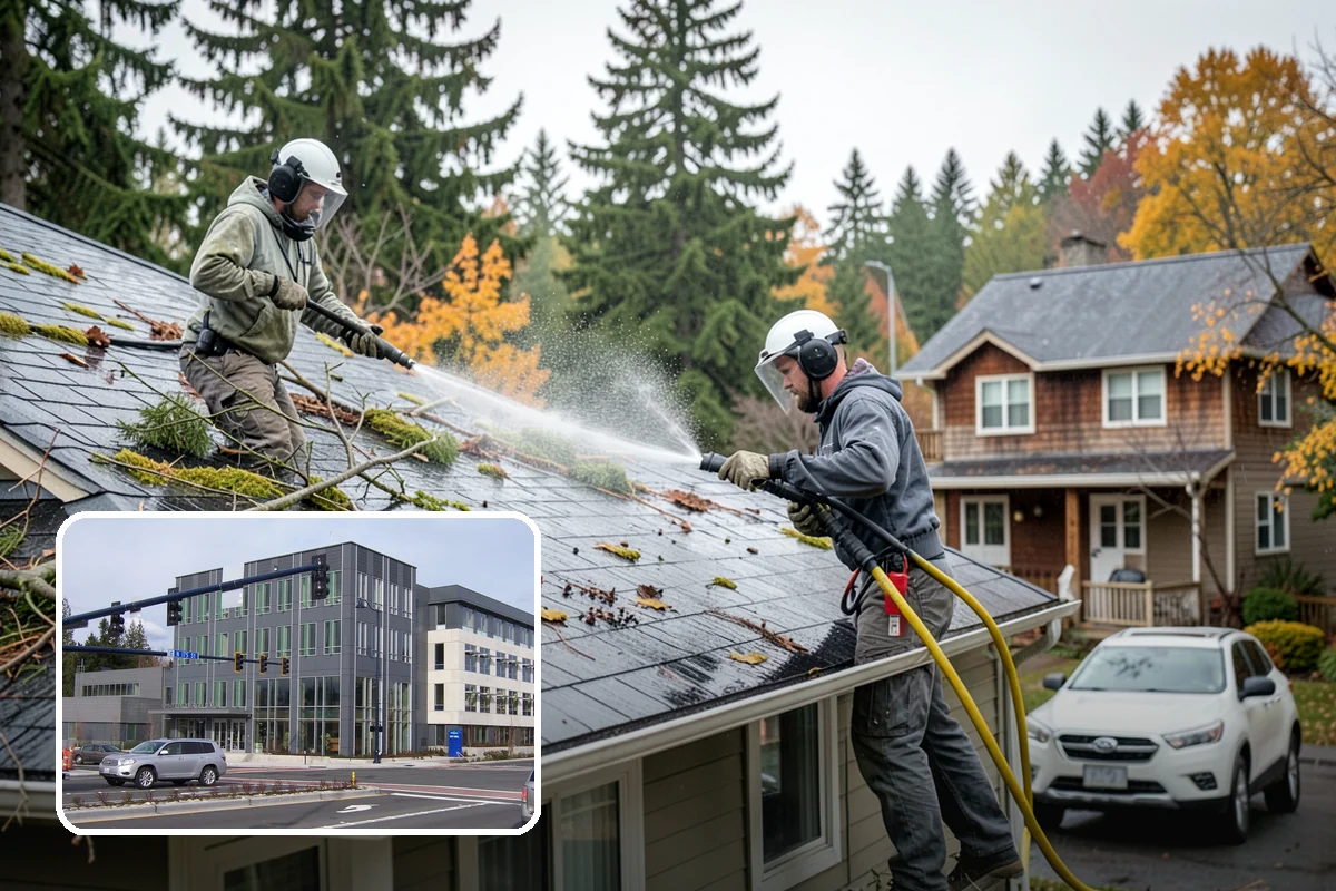 Concrete Patio Cleaning in Shoreline, King County, WA - Erases the green algae haze from the whole slab