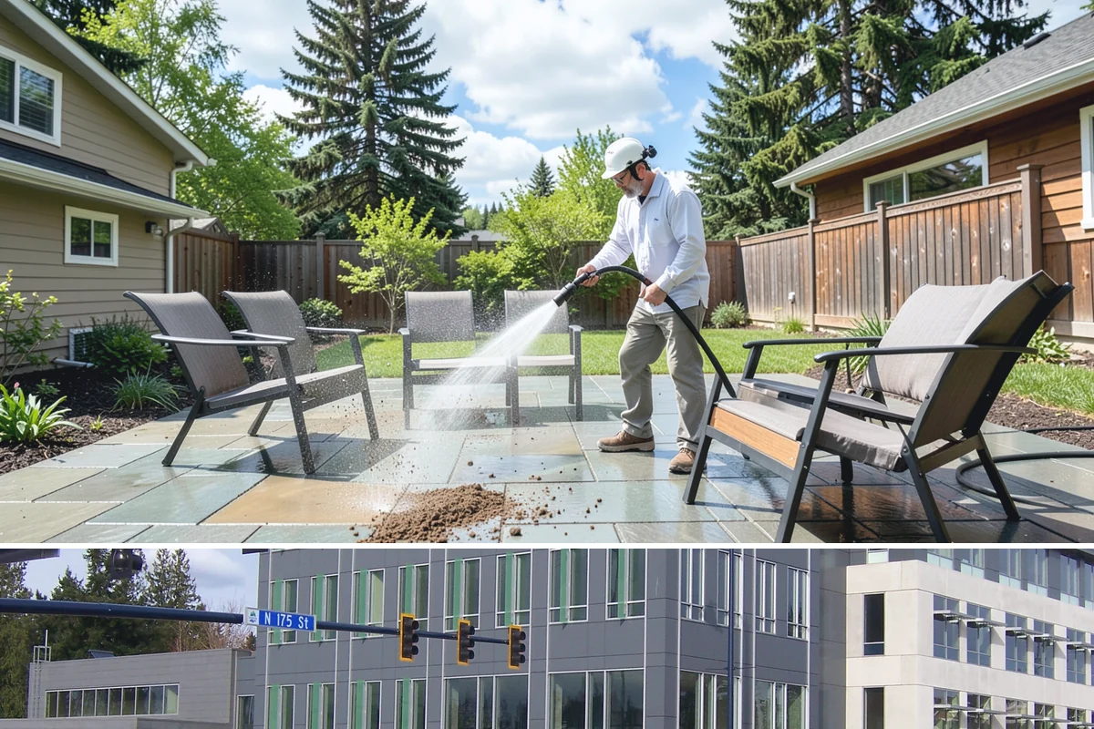 Concrete Patio Cleaning in Shoreline, King County, WA - Clean concrete patios in late spring so they are ready for peak Northwest patio season.