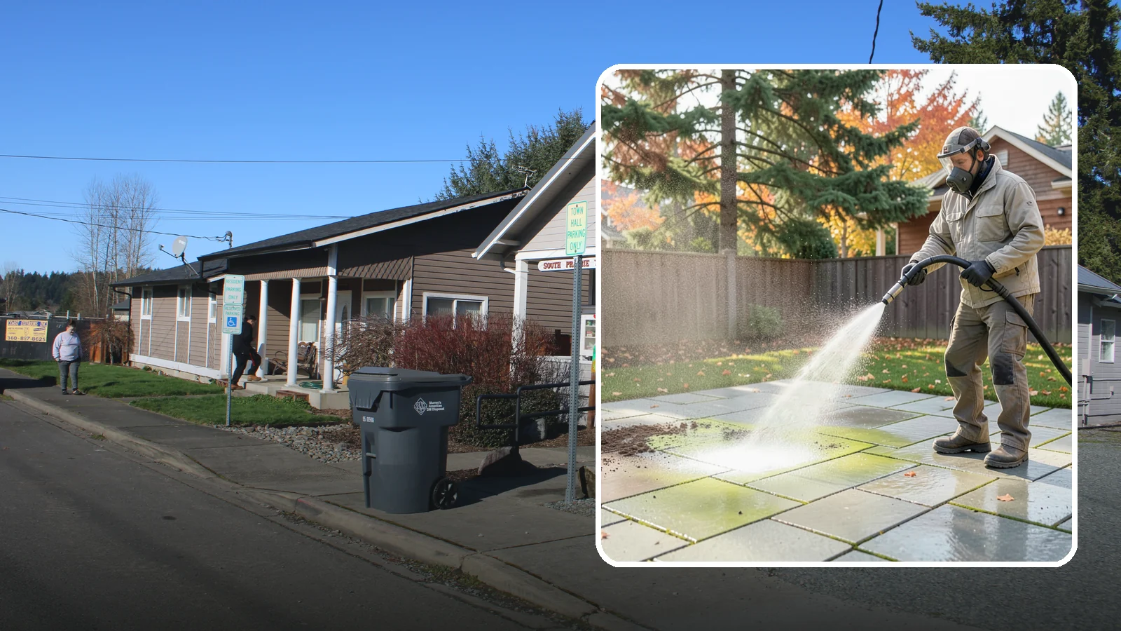 Concrete Patio Cleaning in South Prairie, Pierce County, WA - Deep-clean concrete patios to lift the green algae haze that overcast Washington summers encourage.