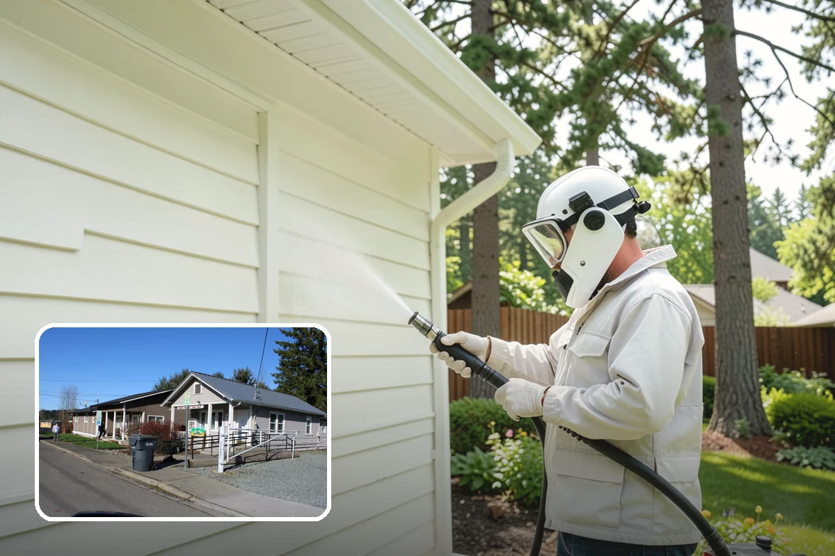 Concrete Patio Cleaning in South Prairie, Pierce County, WA - Erases the green algae haze from the whole slab