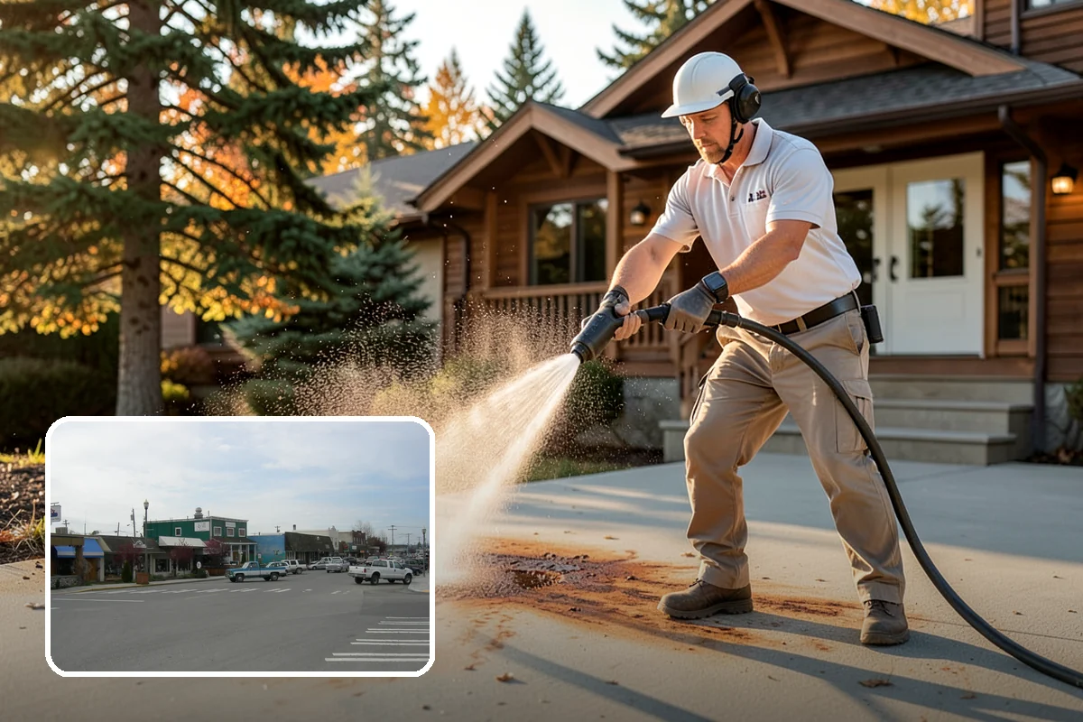 Concrete Patio Cleaning in Stanwood, Snohomish County, WA - Erases the green algae haze from the whole slab