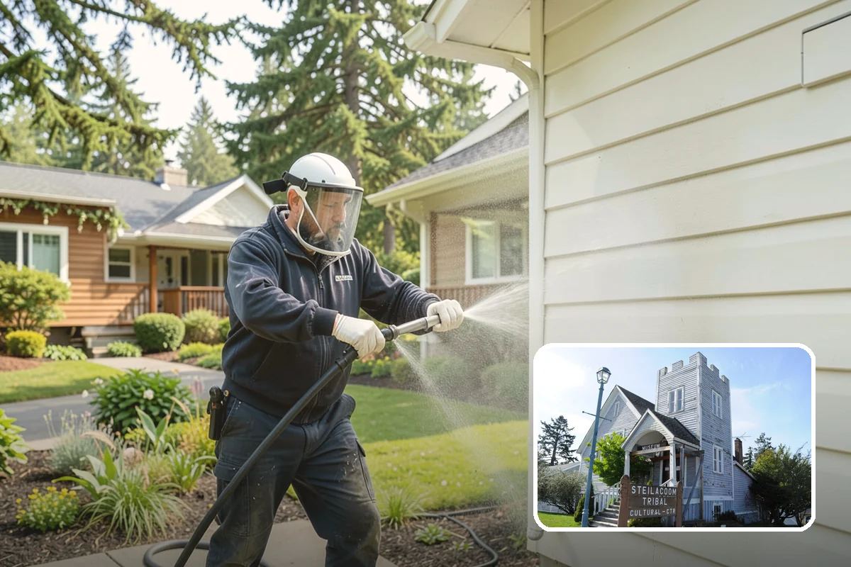 Concrete Patio Cleaning in Steilacoom, Pierce County, WA - Erases the green algae haze from the whole slab