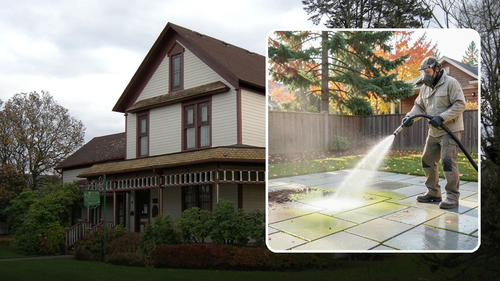 Concrete Patio Cleaning in Sumner, Pierce County, WA - Deep-clean concrete patios to lift the green algae haze that overcast Washington summers encourage.