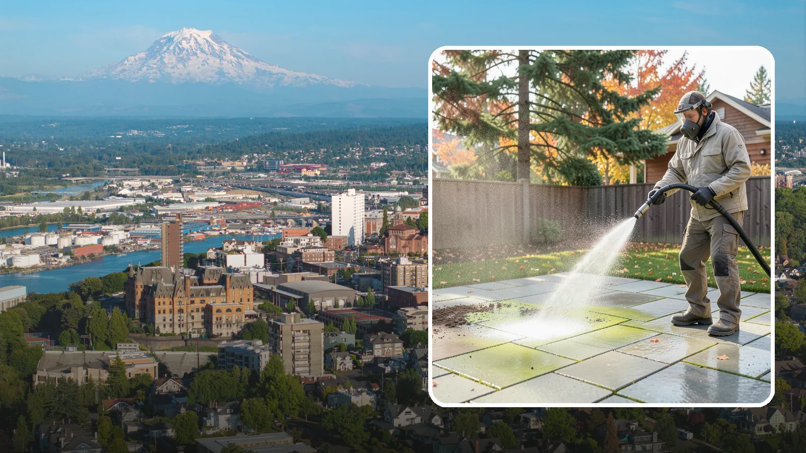 Concrete Patio Cleaning in Tacoma, Pierce County, WA - Deep-clean concrete patios to lift the green algae haze that overcast Washington summers encourage.