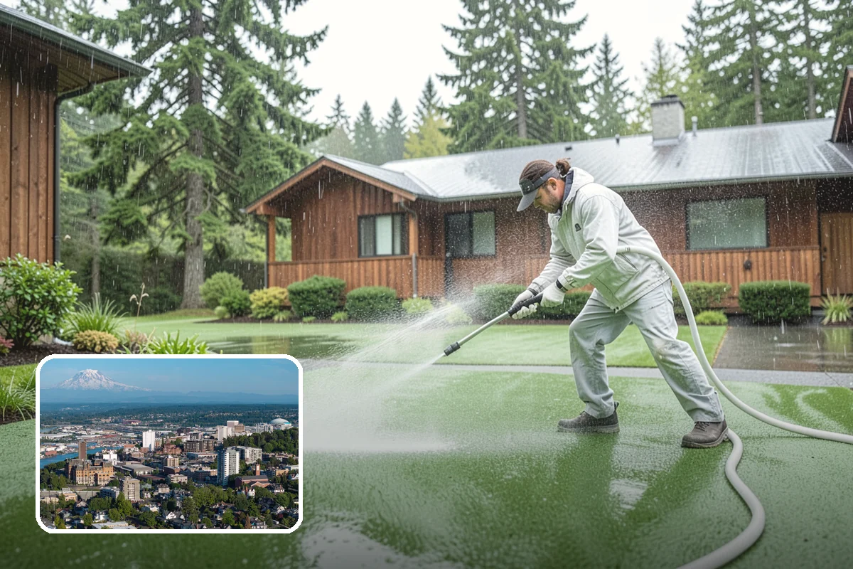 Concrete Patio Cleaning in Tacoma, Pierce County, WA - Erases the green algae haze from the whole slab
