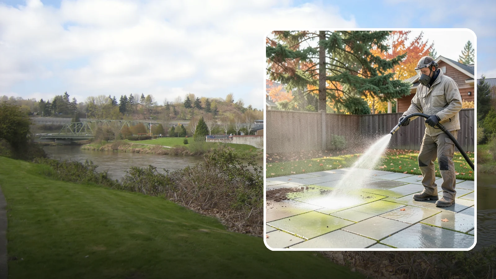 Concrete Patio Cleaning in Tukwila, King County, WA - Deep-clean concrete patios to lift the green algae haze that overcast Washington summers encourage.