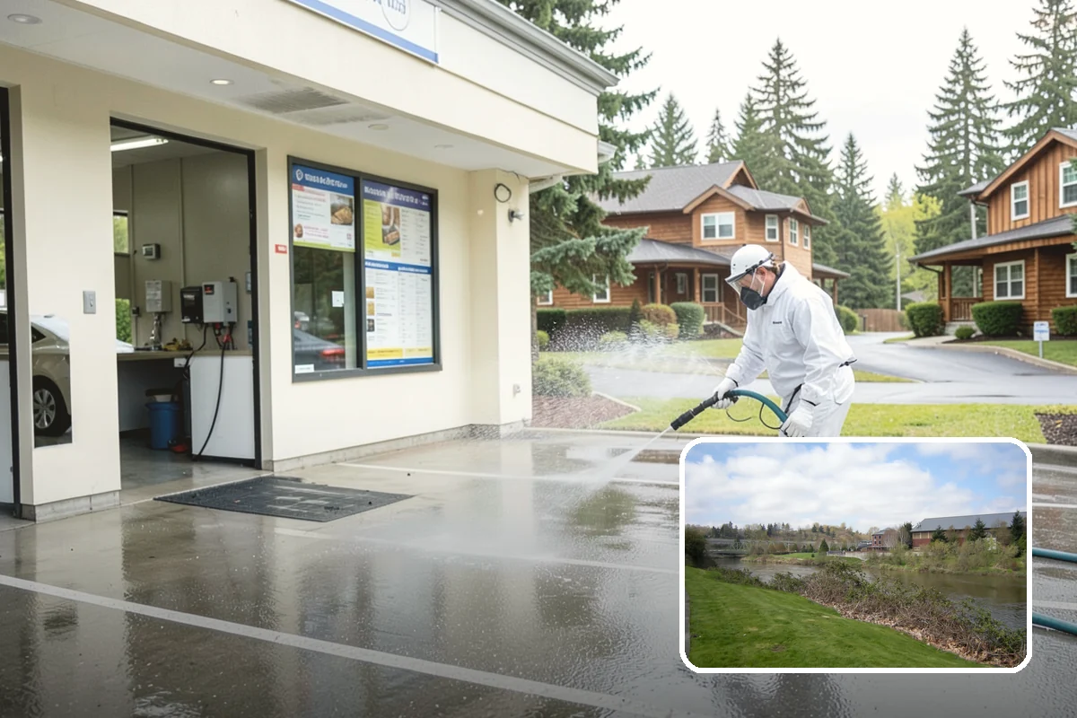 Concrete Patio Cleaning in Tukwila, King County, WA - Erases the green algae haze from the whole slab