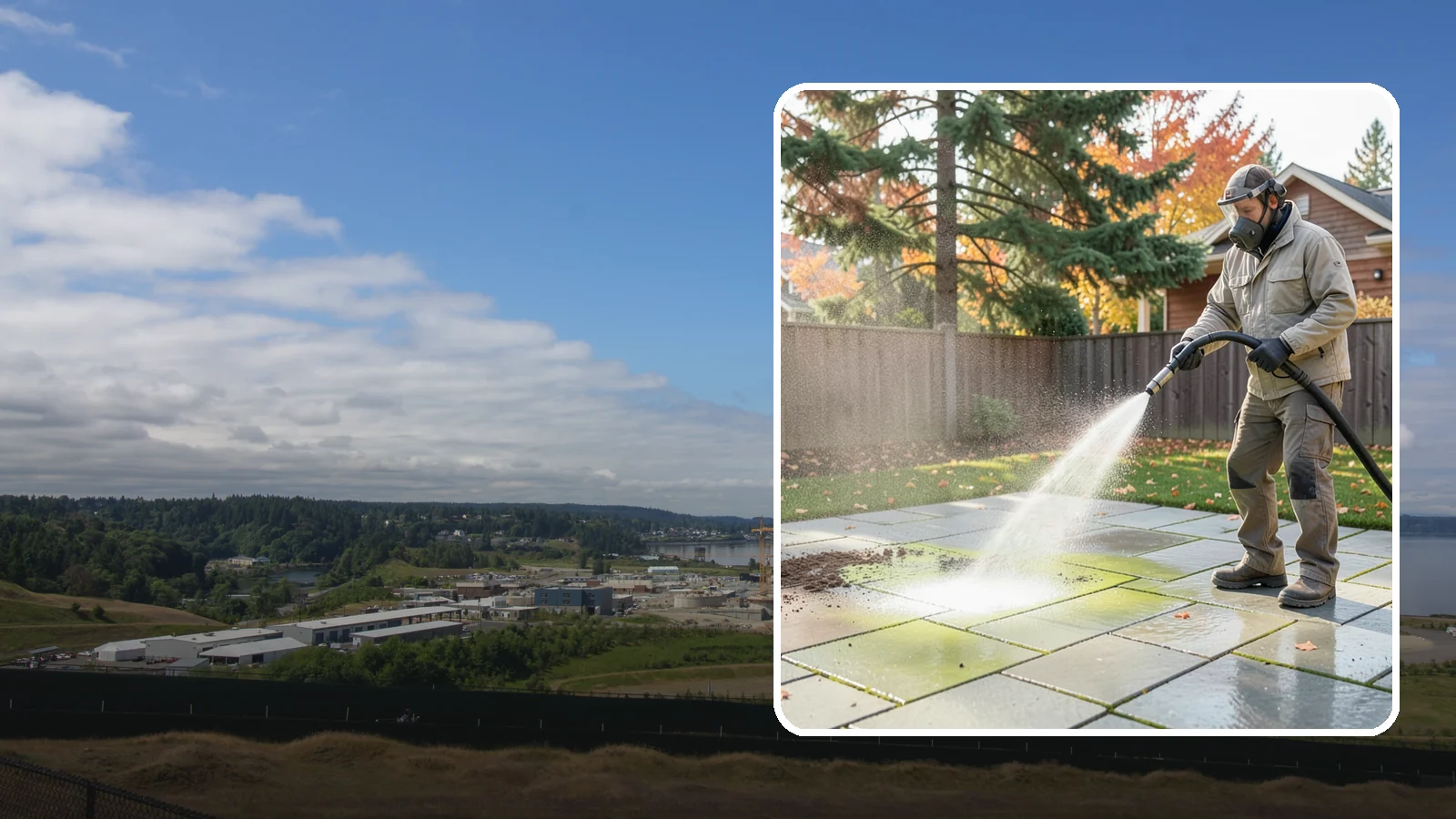 Concrete Patio Cleaning in University Place, Pierce County, WA - Deep-clean concrete patios to lift the green algae haze that overcast Washington summers encourage.