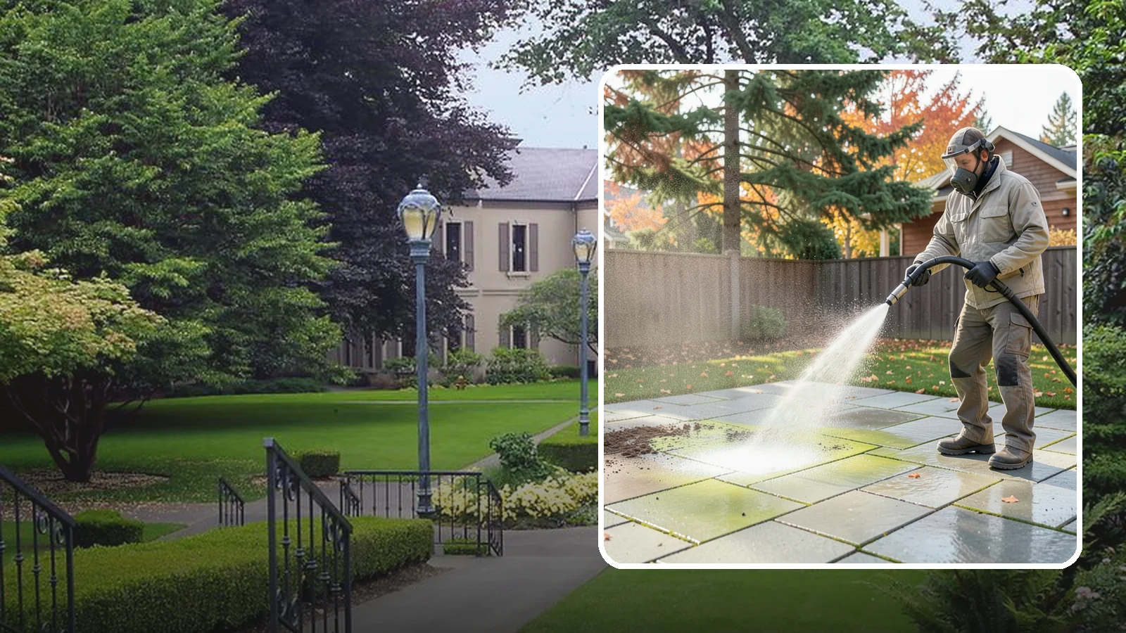 Concrete Patio Cleaning in Woodinville, King County, WA - Deep-clean concrete patios to lift the green algae haze that overcast Washington summers encourage.