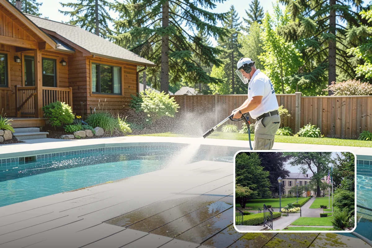 Concrete Patio Cleaning in Woodinville, King County, WA - Erases the green algae haze from the whole slab