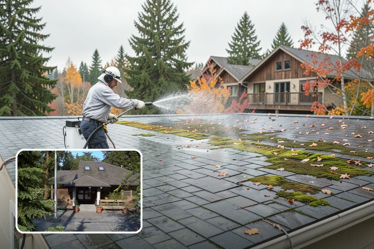 Concrete Patio Cleaning in Yarrow Point, King County, WA - Erases the green algae haze from the whole slab