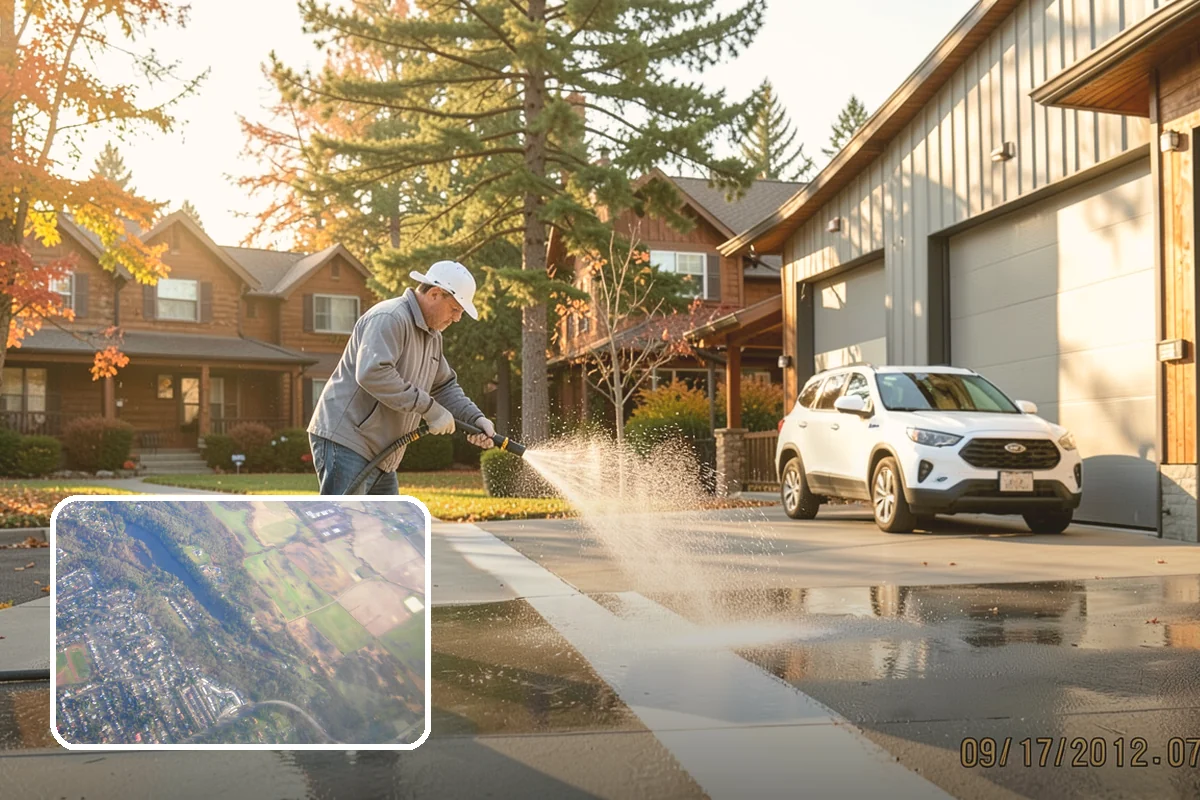 Concrete Restoration Cleaning in Algona, King County, WA - Reverses years of thick moss and black streak buildup