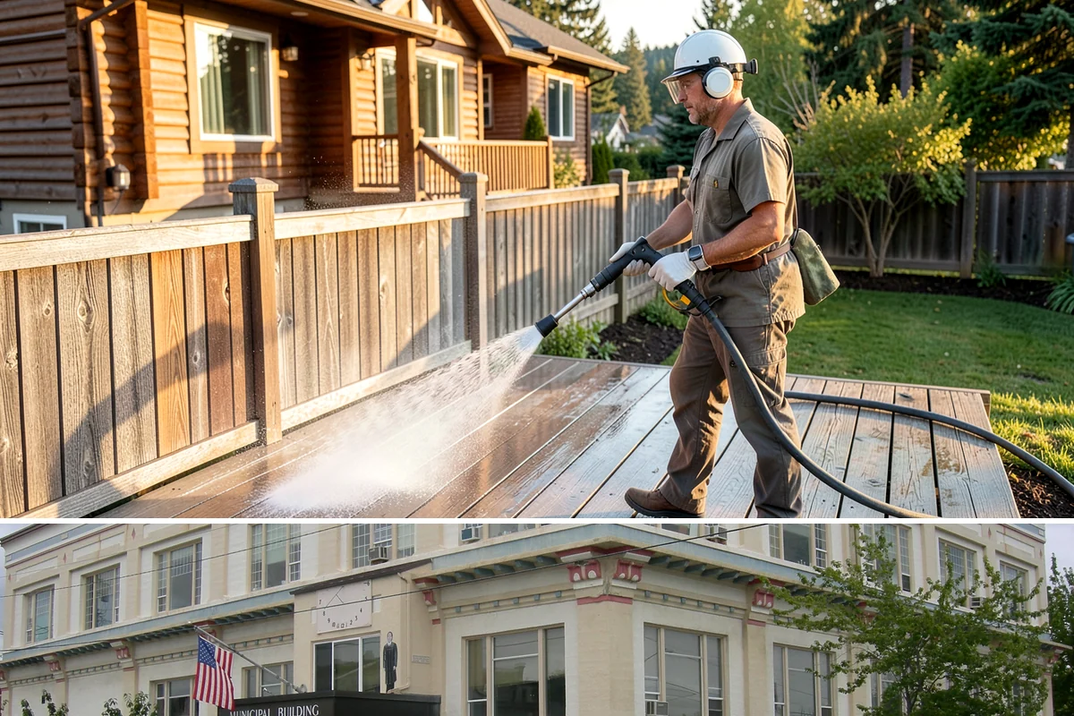 Concrete Restoration Cleaning in Anacortes, Skagit County, WA - A dry summer window gives the multiple treatment and rinse stages time to work without rain interrupting the process.