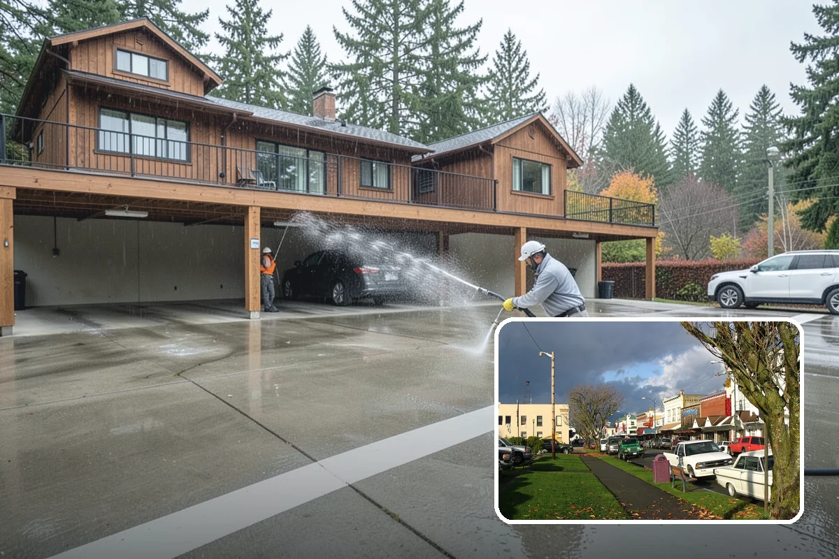 Concrete Restoration Cleaning in Arlington, Snohomish County, WA - Reverses years of thick moss and black streak buildup