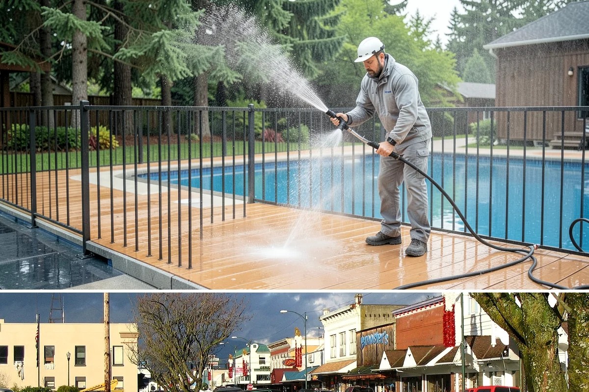 Concrete Restoration Cleaning in Arlington, Snohomish County, WA - A dry summer window gives the multiple treatment and rinse stages time to work without rain interrupting the process.