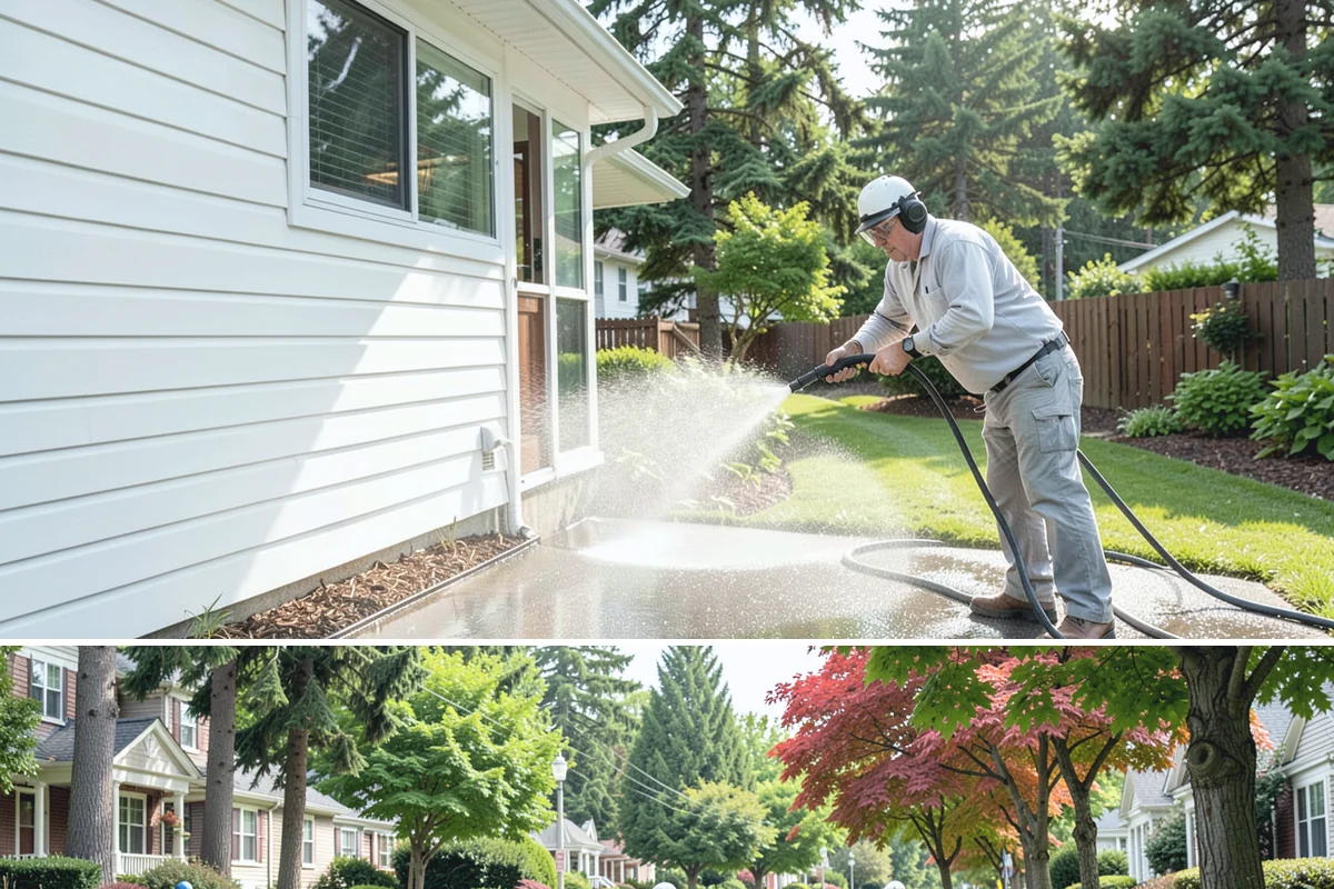 Concrete Restoration Cleaning in Beaux Arts Village, King County, WA - A dry summer window gives the multiple treatment and rinse stages time to work without rain interrupting the process.